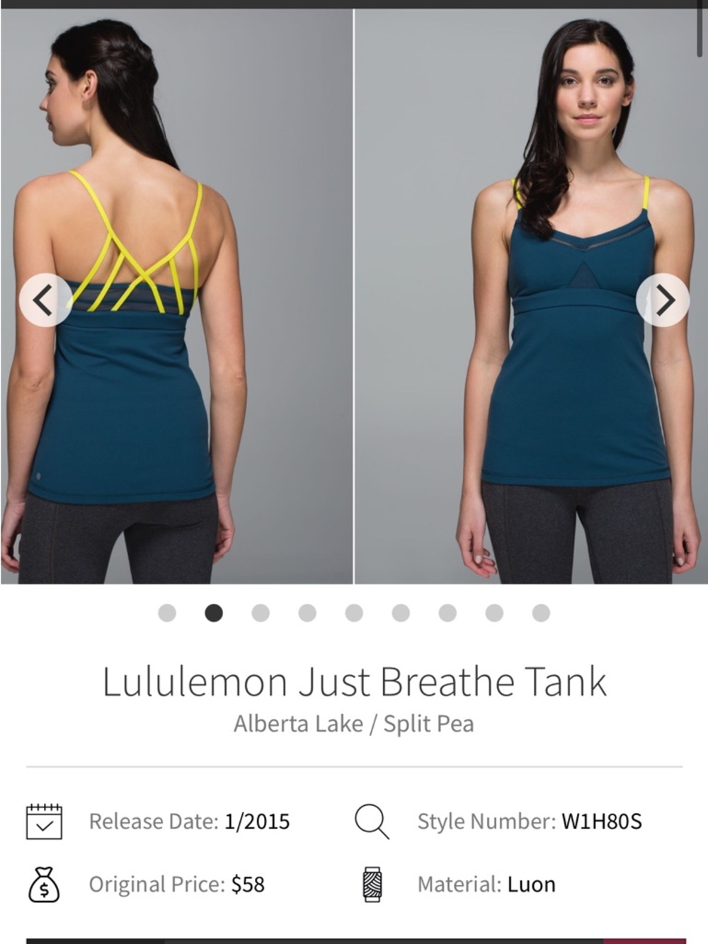 Lululemon Just Breathe Tank: Alberta Lake/Split Pea (Teal & Lime Green) - size 8